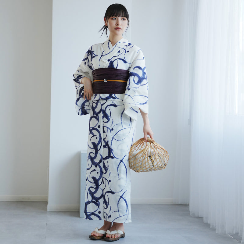 【高級変わり織 浴衣2点セット ( ゆかた・帯 ) 白地に紺のぼかし筆描き】 レディース コットン100％ フリーサイズ（5026290811）