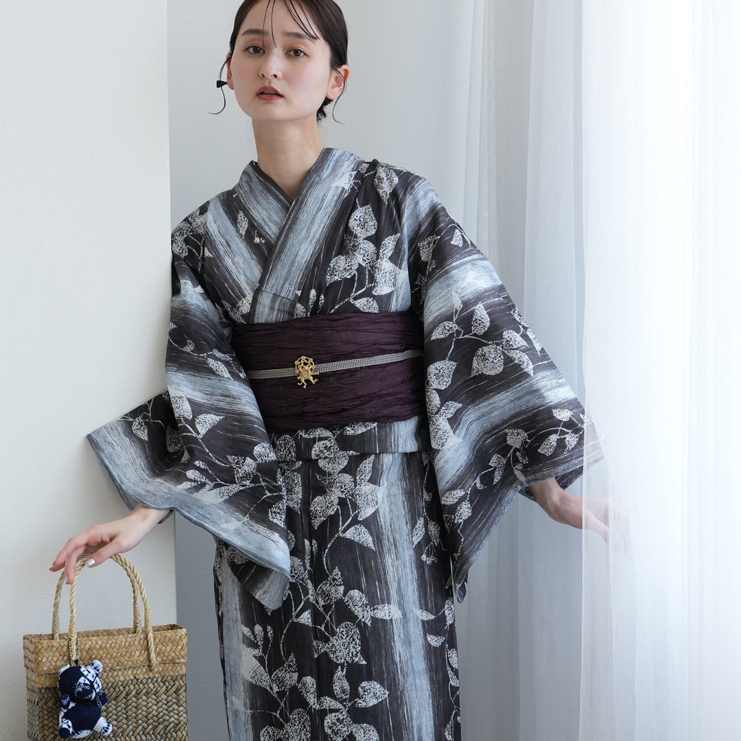高級変わり織 浴衣2点セット ( ゆかた・帯 ) 墨と灰青ぼかし縞つゆくさ