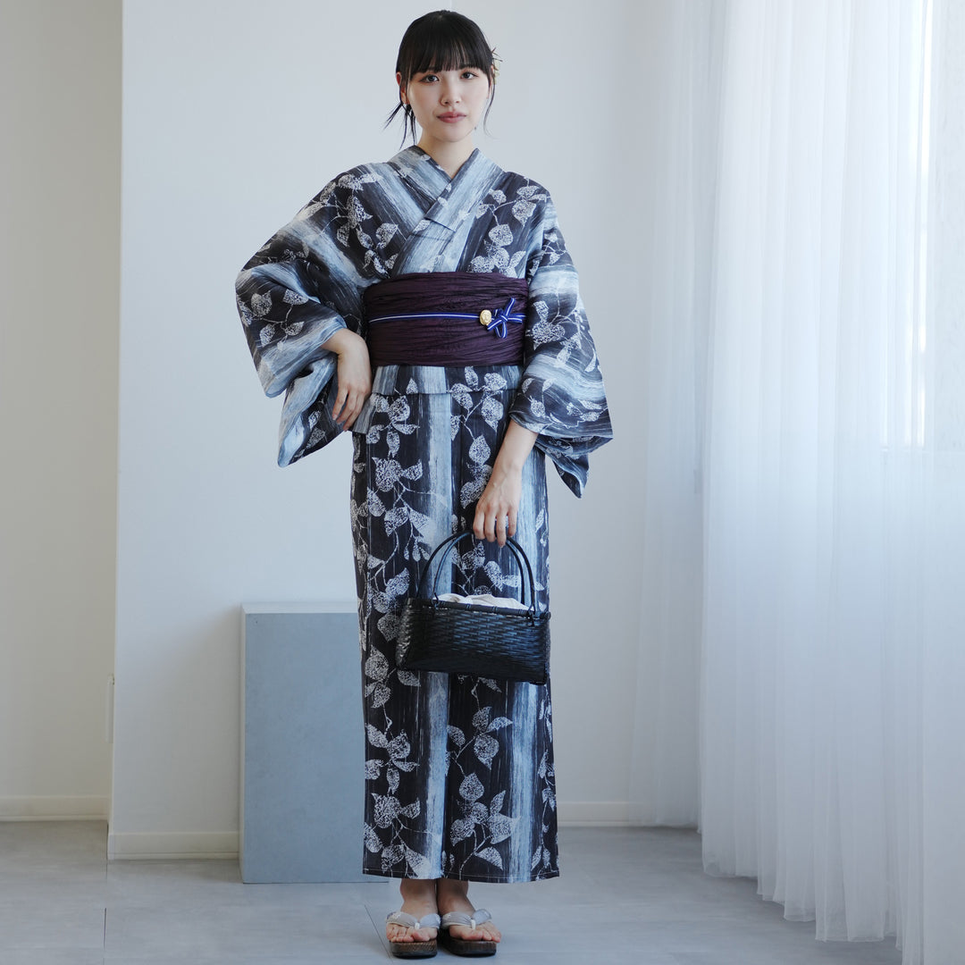 高級変わり織 浴衣2点セット ( ゆかた・帯 ) 墨と灰青ぼかし縞
