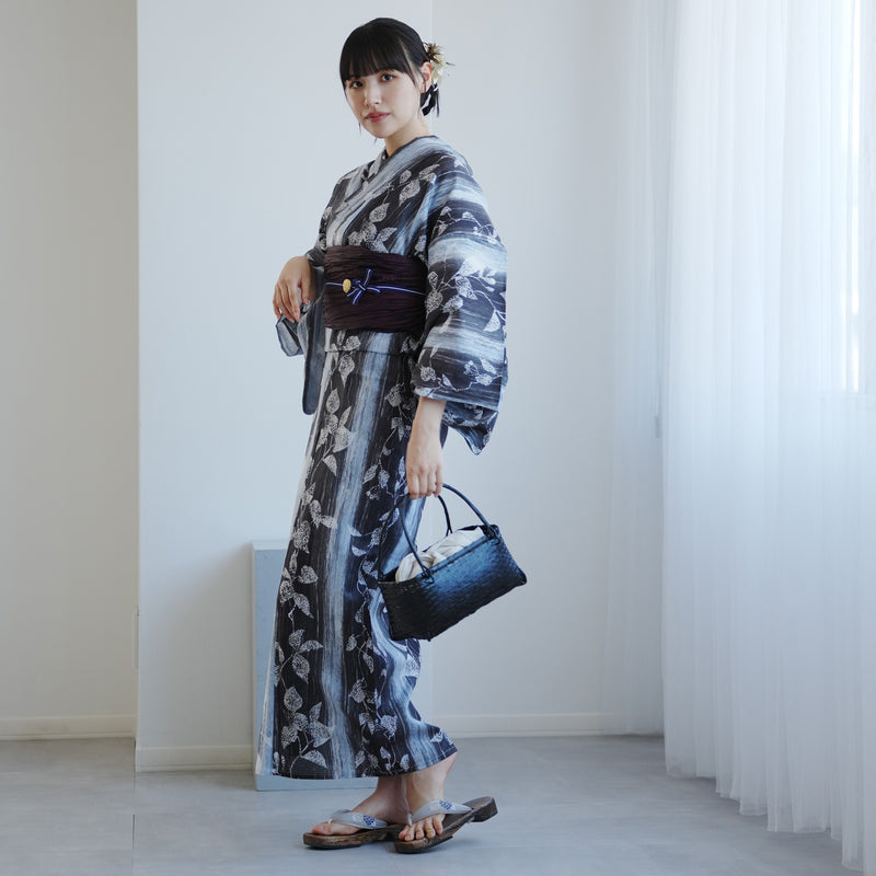 【高級変わり織 浴衣2点セット ( ゆかた・帯 ) 墨と灰青ぼかし縞つゆくさ】 レディース コットン100％ フリーサイズ（5026290911）