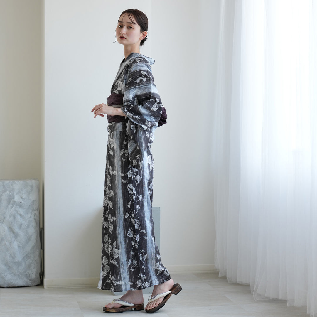 高級変わり織 浴衣2点セット ( ゆかた・帯 ) 墨と灰青ぼかし縞つゆくさ