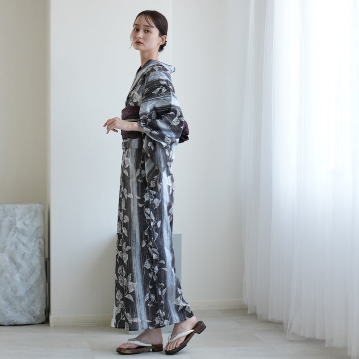 高級変わり織 浴衣2点セット ( ゆかた・帯 ) 墨と灰青ぼかし縞つゆくさ