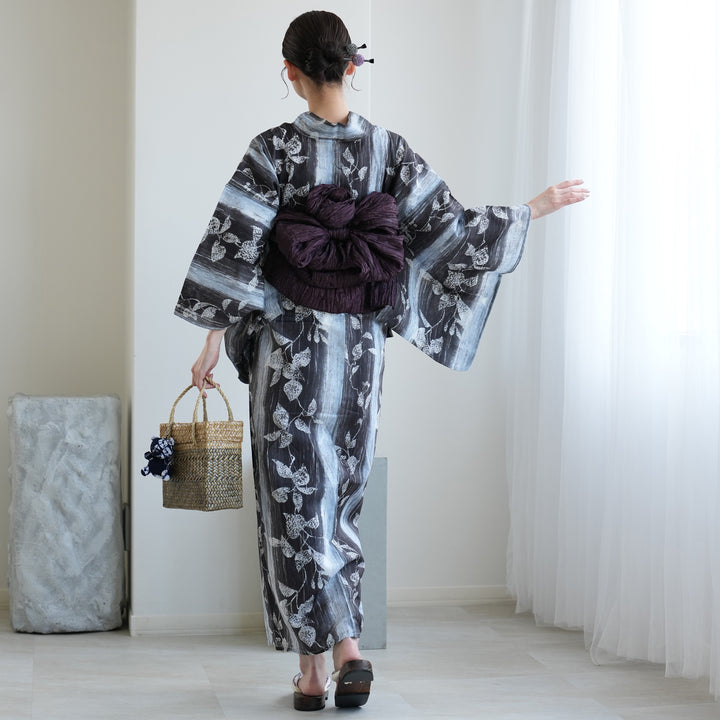 高級変わり織紫陽花柄浴衣✖︎ぼかし半幅帯 高級変わり織 浴衣2点セット ( ゆかた・帯 ) 墨と灰青ぼかし縞つゆくさ