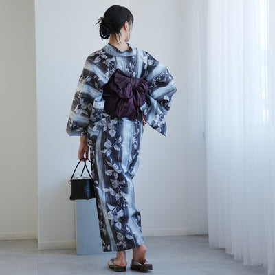 【高級変わり織 浴衣2点セット ( ゆかた・帯 ) 墨と灰青ぼかし縞つゆくさ】 レディース コットン100％ フリーサイズ（5026290911）