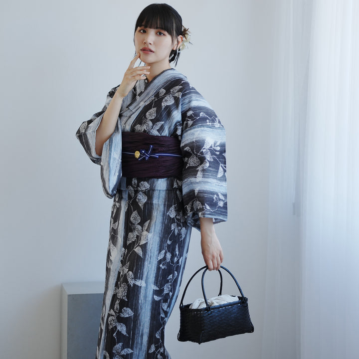 高級変わり織 浴衣2点セット ( ゆかた・帯 ) 墨と灰青ぼかし縞