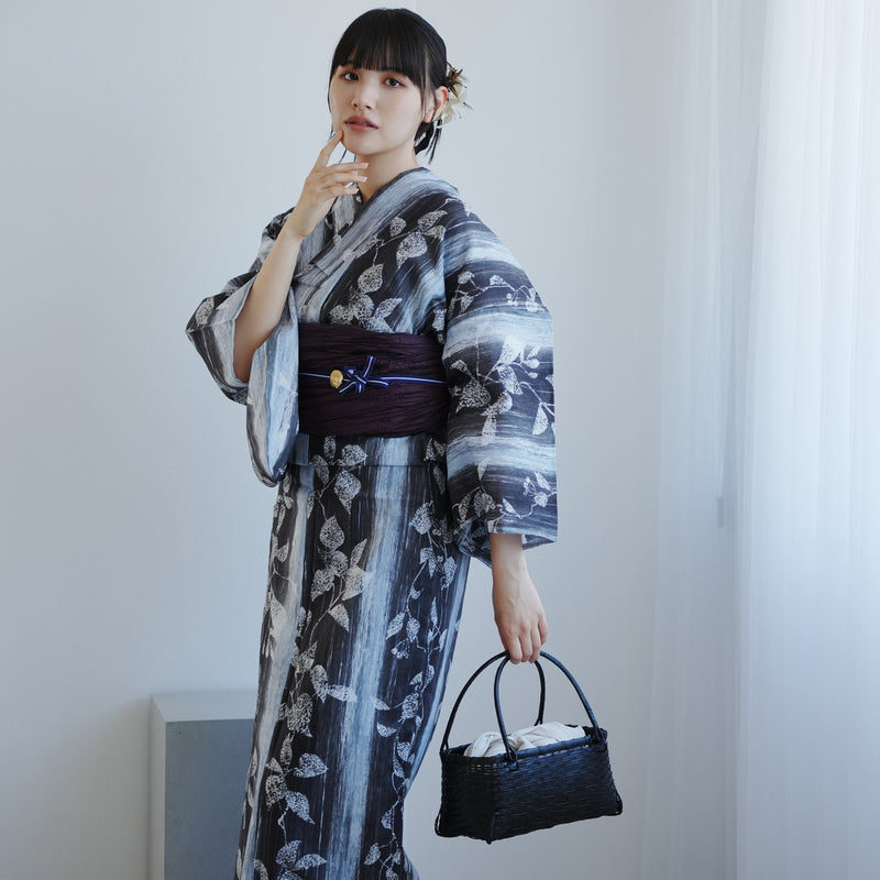 【高級変わり織 浴衣2点セット ( ゆかた・帯 ) 墨と灰青ぼかし縞つゆくさ】 レディース コットン100％ フリーサイズ（5026290911）