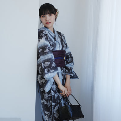 【高級変わり織 浴衣2点セット ( ゆかた・帯 ) 墨と灰青ぼかし縞つゆくさ】 レディース コットン100％ フリーサイズ（5026290911）