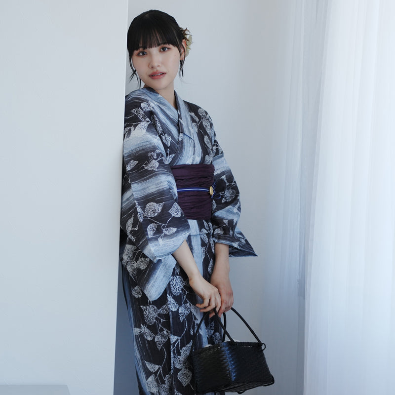【高級変わり織 浴衣2点セット ( ゆかた・帯 ) 墨と灰青ぼかし縞つゆくさ】 レディース コットン100％ フリーサイズ（5026290911）
