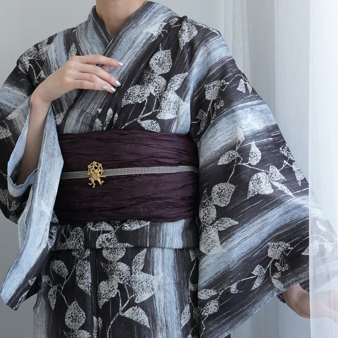 高級変わり織 浴衣2点セット ( ゆかた・帯 ) 墨と灰青ぼかし縞つゆくさ