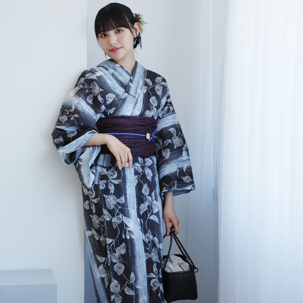２点おまとめ専用 浴衣反物 綿100%【K-767】 高級変わり織 浴衣2点セット ( ゆかた・帯 ) 墨と灰青ぼかし縞