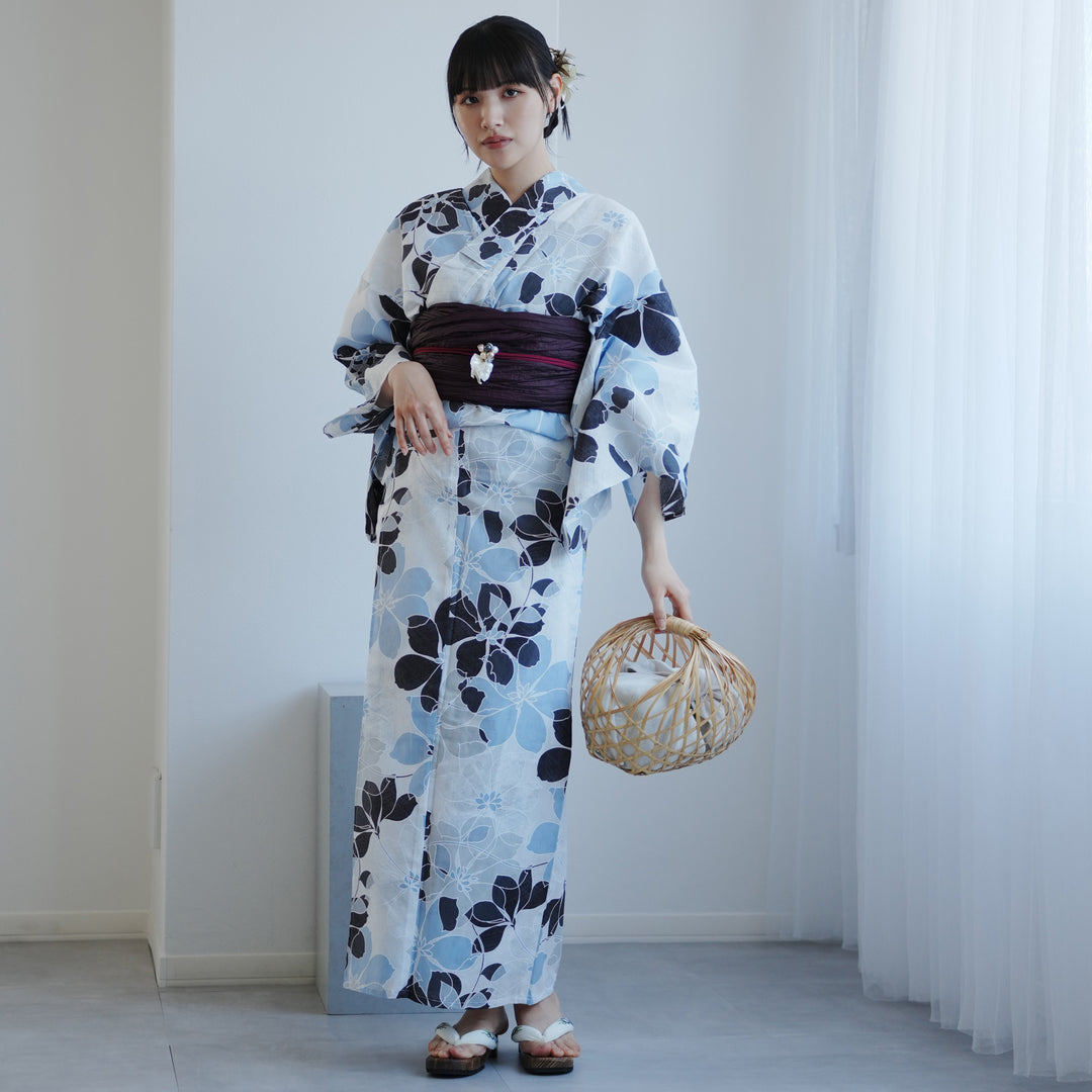 高級変わり織 浴衣2点セット ( ゆかた・帯 )白地に涼しげ花重ね