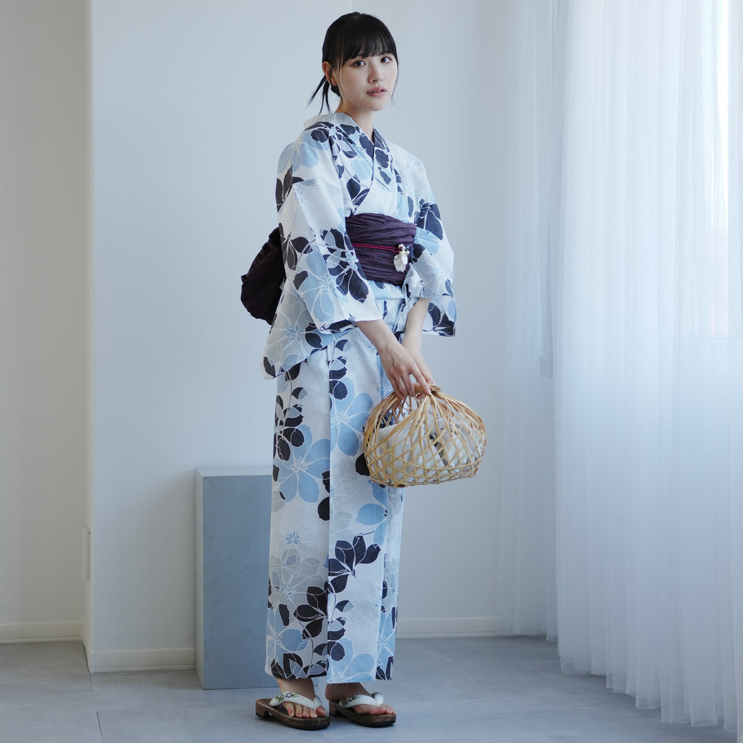 高級変わり織 浴衣2点セット ( ゆかた・帯 )白地に涼しげ花重ね