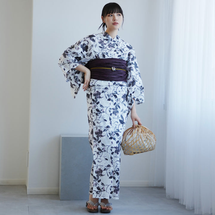 高級変わり織 浴衣2点セット ( ゆかた・帯 )白地に墨色の唐草