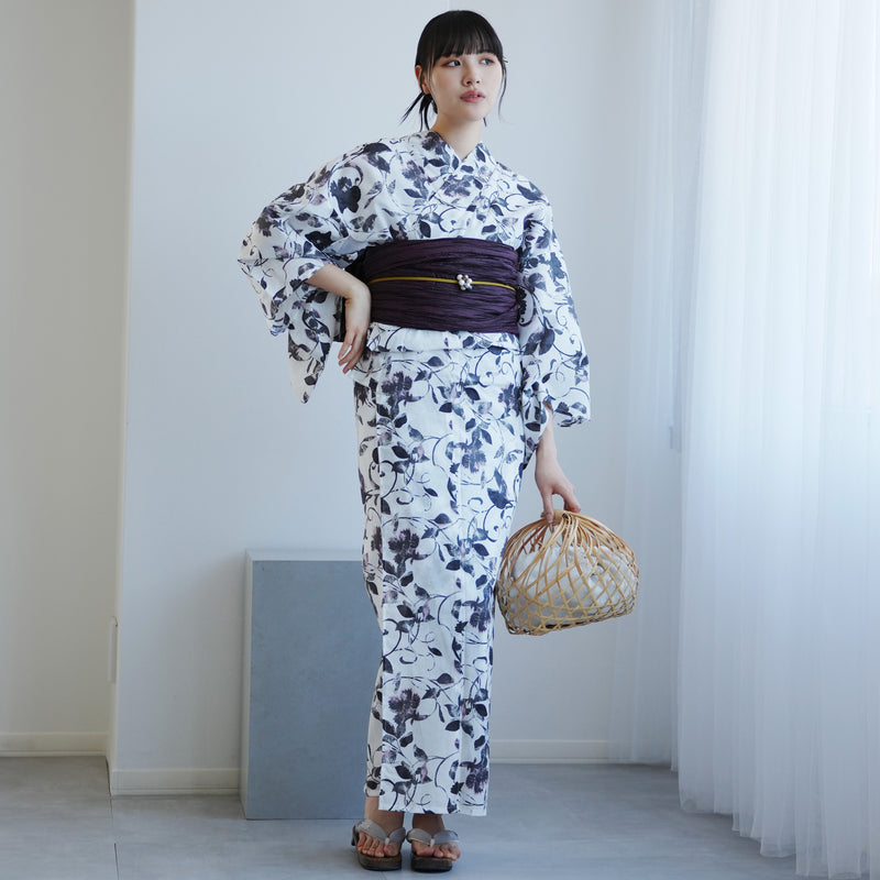 【高級変わり織 浴衣2点セット ( ゆかた・帯 )白地に墨色の唐草小花】 レディース コットン100％ フリーサイズ（5026291111）