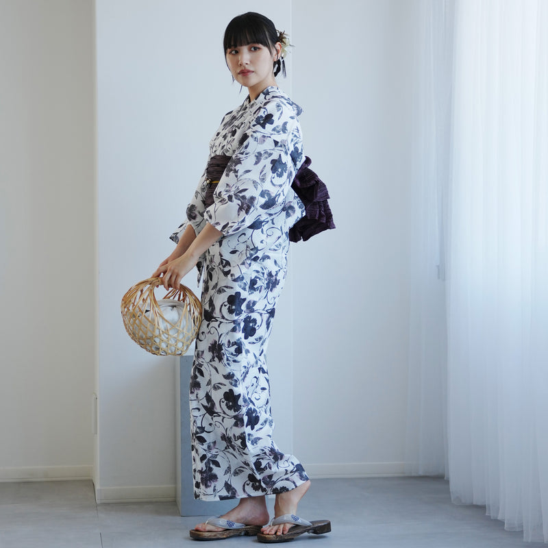 【高級変わり織 浴衣2点セット ( ゆかた・帯 )白地に墨色の唐草小花】 レディース コットン100％ フリーサイズ（5026291111）