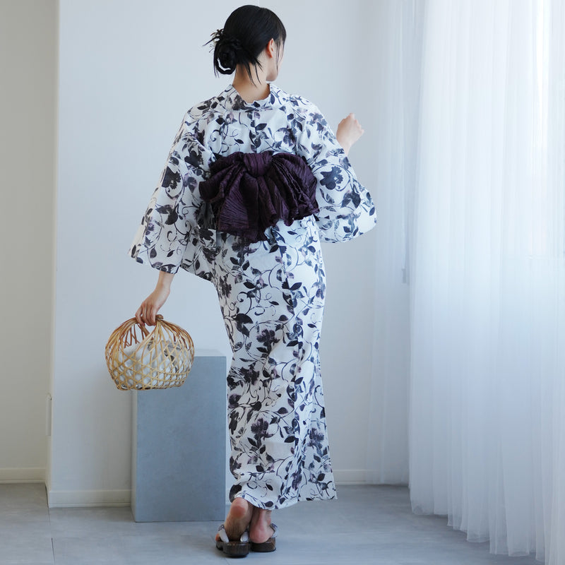 【高級変わり織 浴衣2点セット ( ゆかた・帯 )白地に墨色の唐草小花】 レディース コットン100％ フリーサイズ（5026291111）