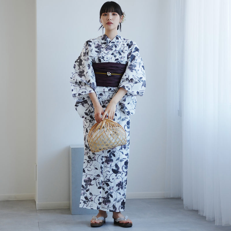 【高級変わり織 浴衣2点セット ( ゆかた・帯 )白地に墨色の唐草小花】 レディース コットン100％ フリーサイズ（5026291111）