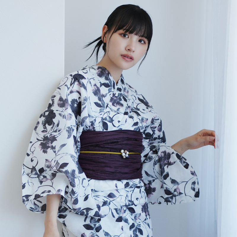 【高級変わり織 浴衣2点セット ( ゆかた・帯 )白地に墨色の唐草小花】 レディース コットン100％ フリーサイズ（5026291111）