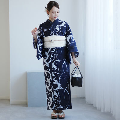 【高級変わり織 浴衣2点セット ( ゆかた・帯 ) 紺地にグレーのぼかし筆描き】 レディース コットン100％ フリーサイズ（5026291211）