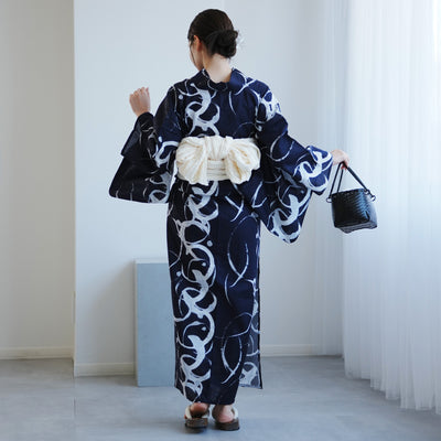 【高級変わり織 浴衣2点セット ( ゆかた・帯 ) 紺地にグレーのぼかし筆描き】 レディース コットン100％ フリーサイズ（5026291211）