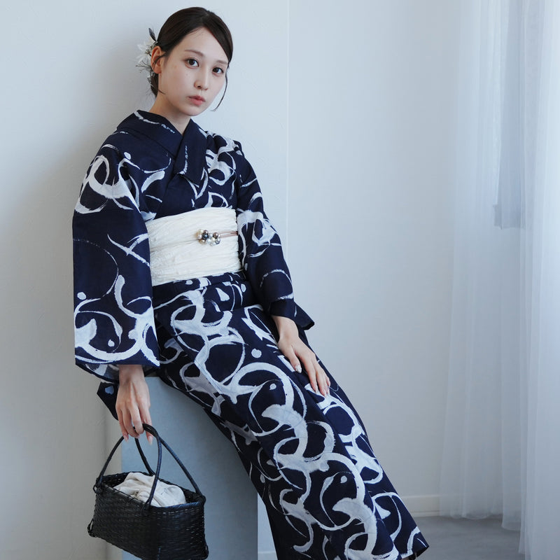 【高級変わり織 浴衣2点セット ( ゆかた・帯 ) 紺地にグレーのぼかし筆描き】 レディース コットン100％ フリーサイズ（5026291211）
