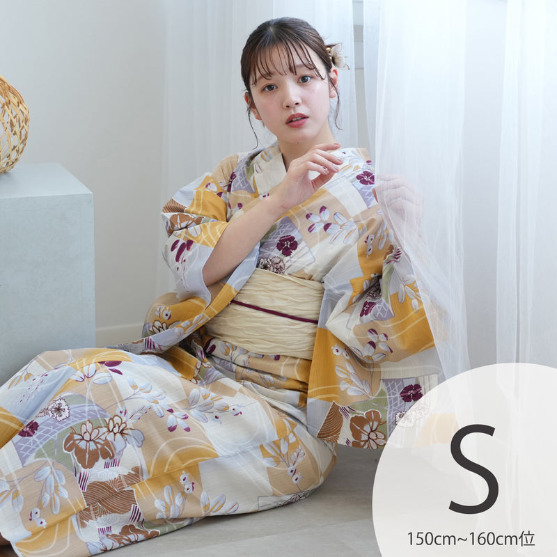 【アウトレット品 浴衣+帯2点セット  からしの市松と菖蒲】気になる人は気になる？少々難あり  Sサイズ（150-160cm） （5027278511）※返品交換不可
