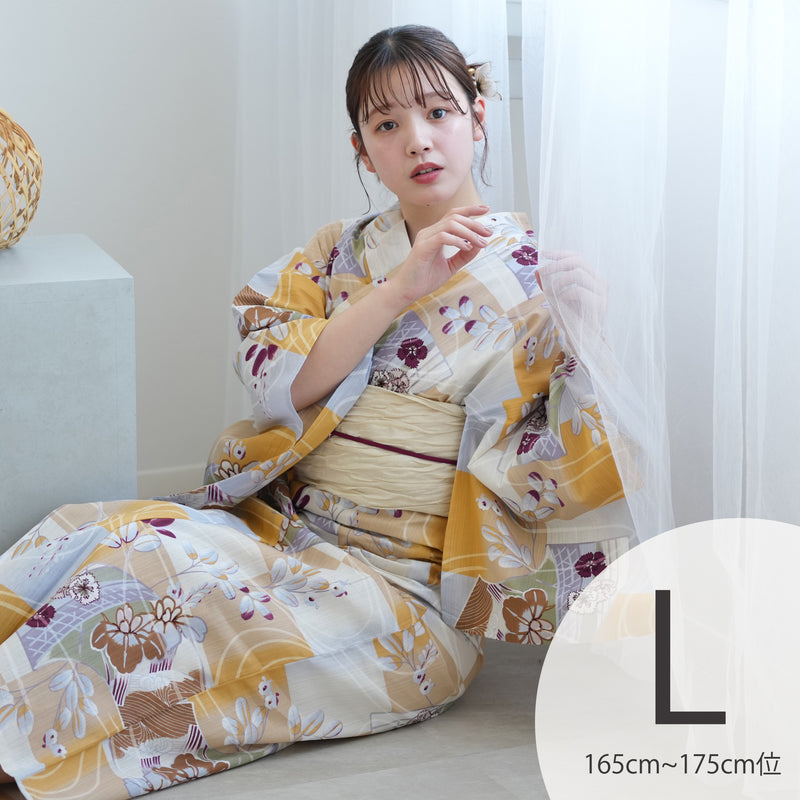 【アウトレット品 浴衣+帯2点セット  からしの市松と菖蒲】気になる人は気になる？少々難あり  Lサイズ（165-175cm）（5028278511）※返品交換不可