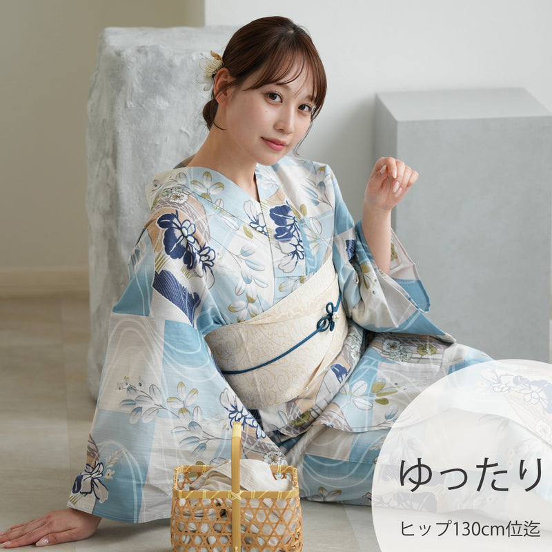 【アウトレット品 浴衣+帯2点セット  水色の市松と菖蒲】気になる人は気になる？少々難あり  3Lサイズ（ヒップ約130cm位まで対応）（5029278111）※返品交換不可