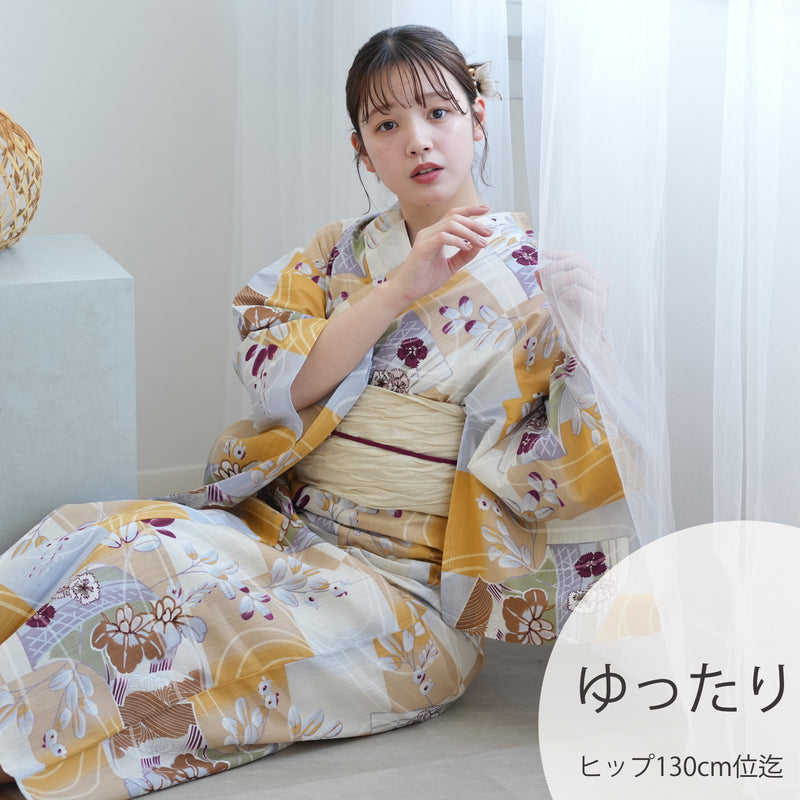 【アウトレット品 浴衣+帯2点セット  からしの市松と菖蒲】気になる人は気になる？少々難あり  3Lサイズ（ヒップ約130cm位まで対応）（5029278511）※返品交換不可