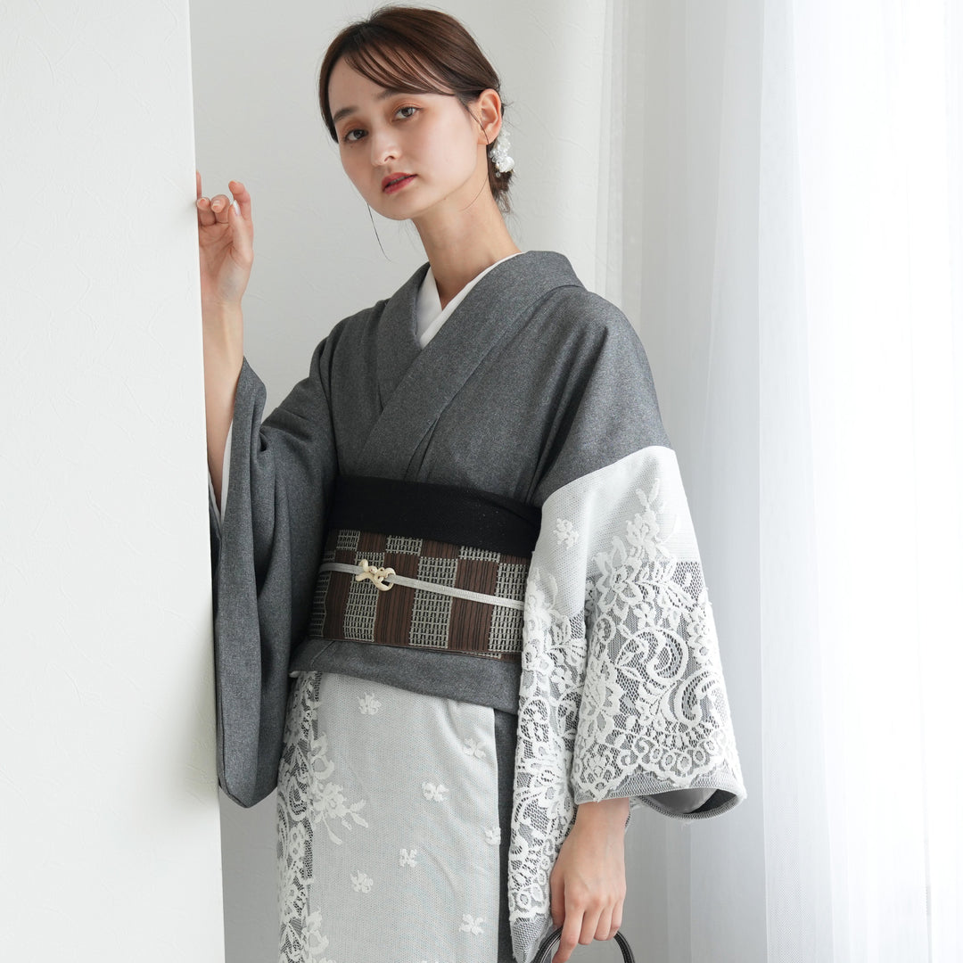 単衣着物 単品 レース切替 グレー×ホワイト 】日本製 フリーサイズ