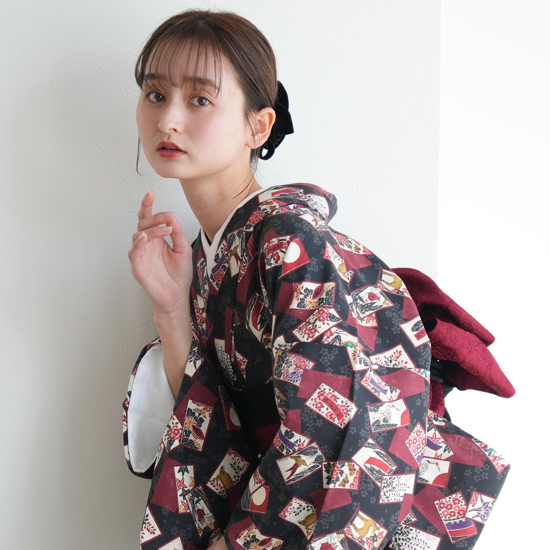 単衣着物 単品 花札 ブラック】ニコアンティーク フリーサイズ