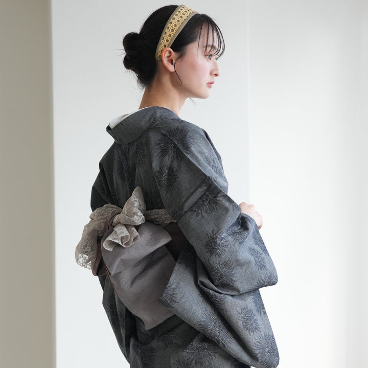 アンティーク個性的着物単品 単衣着物 ニコアンティーク 播州織 デニム・フラワー】ファブリック
