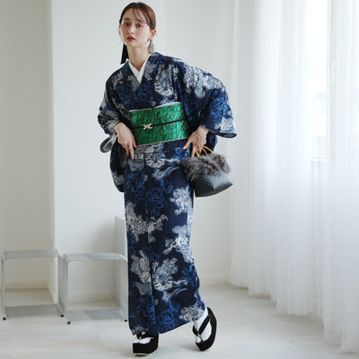 【ニコアンティーク 単衣着物 唐獅子 ネイビー】 着物 単品 レトロ レディース ファブリック着物 紺 グレー 浮世絵風 洗える着物 日本製（5132607200）
