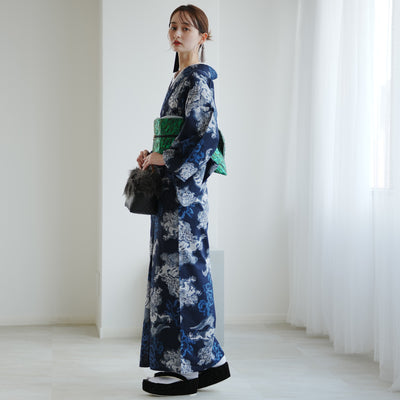 【ニコアンティーク 単衣着物 唐獅子 ネイビー】 着物 単品 レトロ レディース ファブリック着物 紺 グレー 浮世絵風 洗える着物 日本製（5132607200）