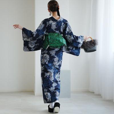 【ニコアンティーク 単衣着物 唐獅子 ネイビー】 着物 単品 レトロ レディース ファブリック着物 紺 グレー 浮世絵風 洗える着物 日本製（5132607200）