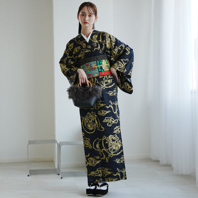 【ニコアンティーク 単衣着物 風神雷神 ブラック】 着物 単品 レトロ レディース ファブリック着物 黒 金 浮世絵風 洗える着物 日本製（5132607300）