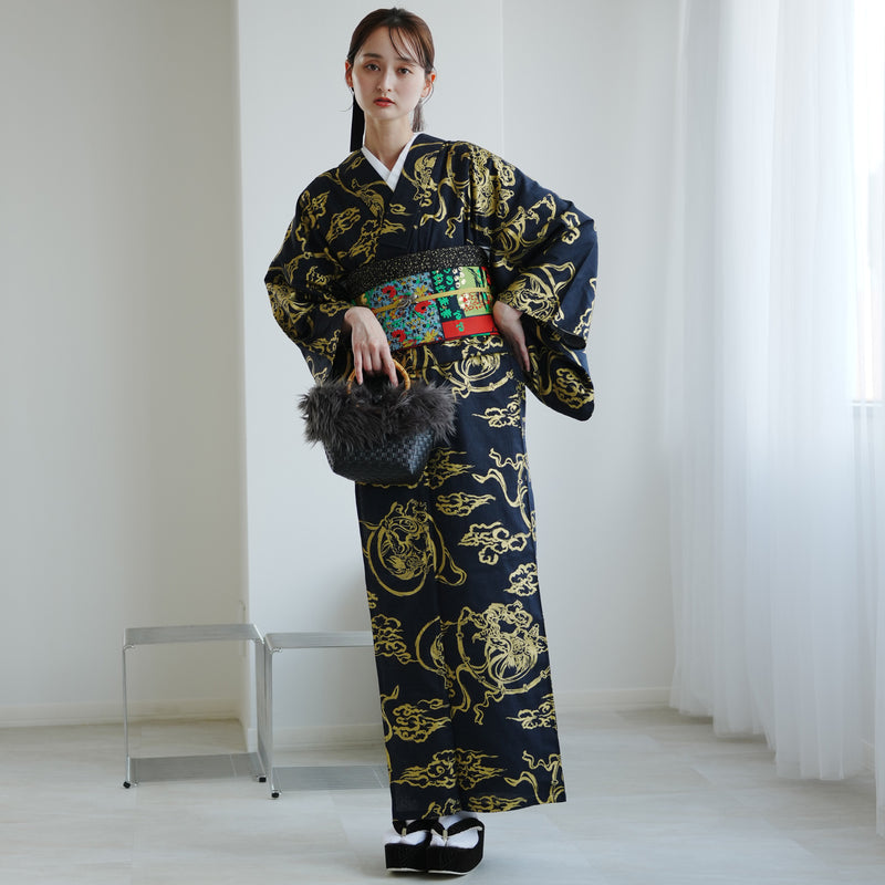 【ニコアンティーク 単衣着物 風神雷神 ブラック】 着物 単品 レトロ レディース ファブリック着物 黒 金 浮世絵風 洗える着物 日本製（5132607300）