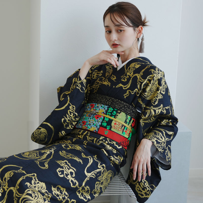 【ニコアンティーク 単衣着物 風神雷神 ブラック】 着物 単品 レトロ レディース ファブリック着物 黒 金 浮世絵風 洗える着物 日本製（5132607300）