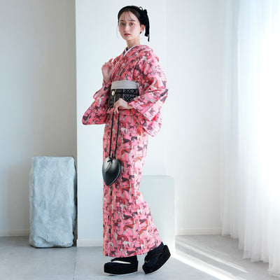 【ニコアンティーク 単衣着物 ドッグ・エキスポ ロゼ】 着物 単品 レトロ レディース ファブリック着物 ピンク 犬 チワワ アフガンハウンド ビーグル シーズー 洗える着物 日本製（5132607400）