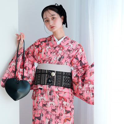 【ニコアンティーク 単衣着物 ドッグ・エキスポ ロゼ】 着物 単品 レトロ レディース ファブリック着物 ピンク 犬 チワワ アフガンハウンド ビーグル シーズー 洗える着物 日本製（5132607400）