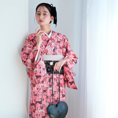 【ニコアンティーク 単衣着物 ドッグ・エキスポ ロゼ】 着物 単品 レトロ レディース ファブリック着物 ピンク 犬 チワワ アフガンハウンド ビーグル シーズー 洗える着物 日本製（5132607400）