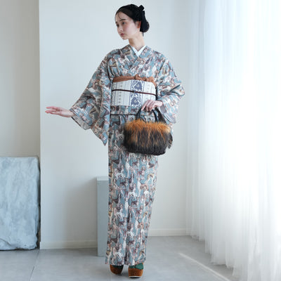 【ニコアンティーク 単衣着物 ドッグ・エキスポ ベルデ】 着物 単品 レトロ レディース ファブリック着物 深緑 青緑 くすみグリーン 犬 チワワ アフガンハウンド ビーグル シーズー 洗える着物 日本製（5132607500）