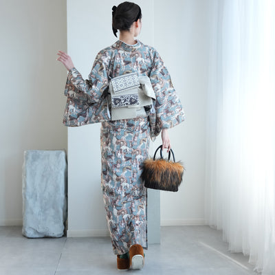 【ニコアンティーク 単衣着物 ドッグ・エキスポ ベルデ】 着物 単品 レトロ レディース ファブリック着物 深緑 青緑 くすみグリーン 犬 チワワ アフガンハウンド ビーグル シーズー 洗える着物 日本製（5132607500）