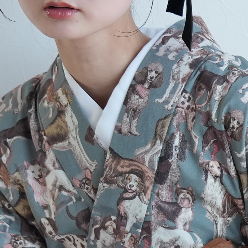 【ニコアンティーク 単衣着物 ドッグ・エキスポ ベルデ】 着物 単品 レトロ レディース ファブリック着物 深緑 青緑 くすみグリーン 犬 チワワ アフガンハウンド ビーグル シーズー 洗える着物 日本製（5132607500）