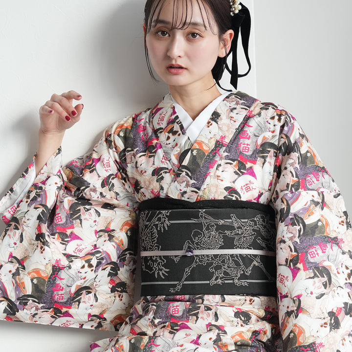 ニコアンティーク 単衣着物 美人画猫】 着物 単品 レトロ レディース