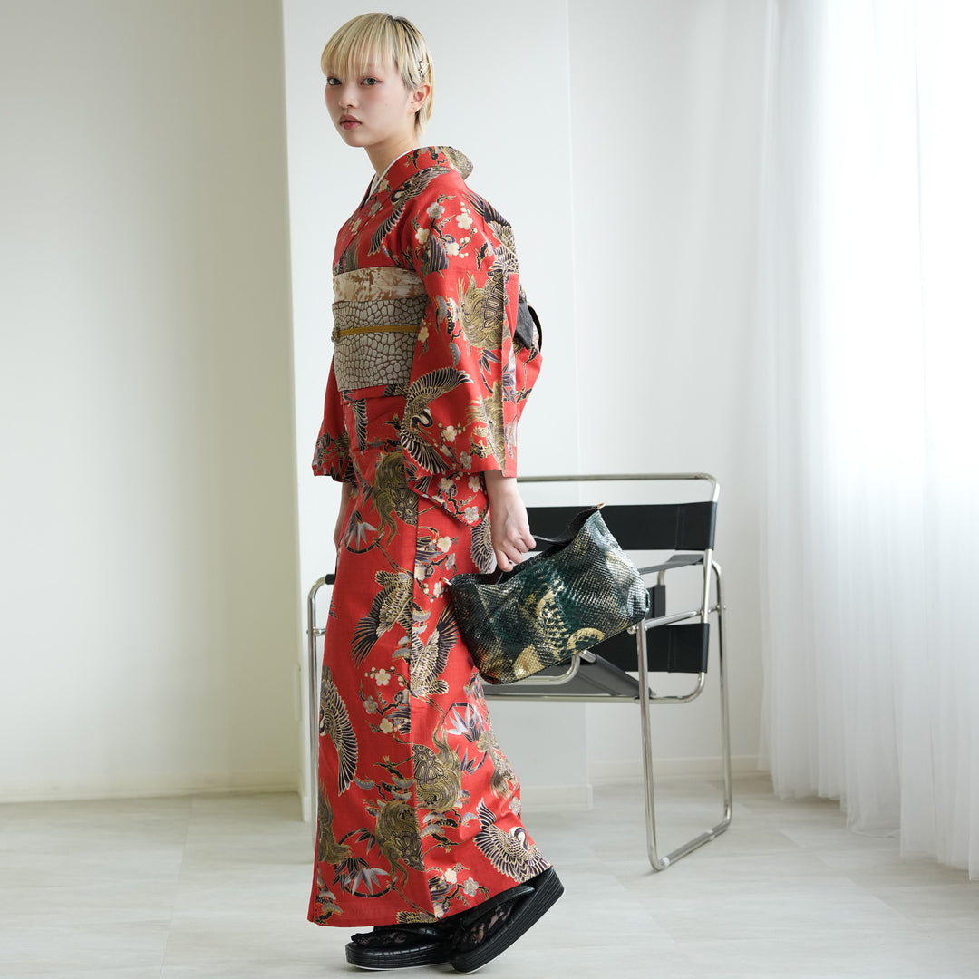 ニコアンティーク 単衣着物 文学・鶴亀 レッド】 着物 単品 レトロ 鶴