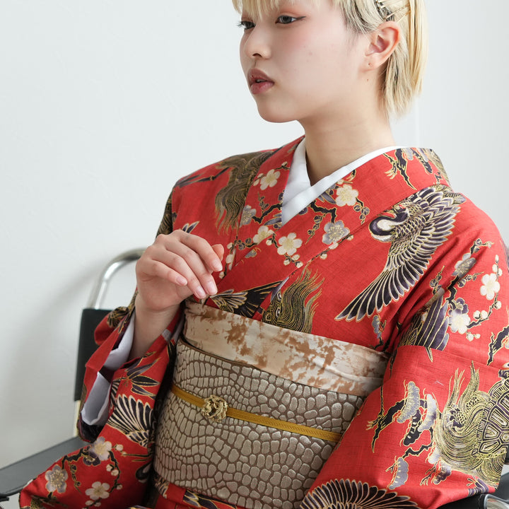 ニコアンティーク 単衣着物 文学・鶴亀 レッド】 着物 単品 レトロ 鶴