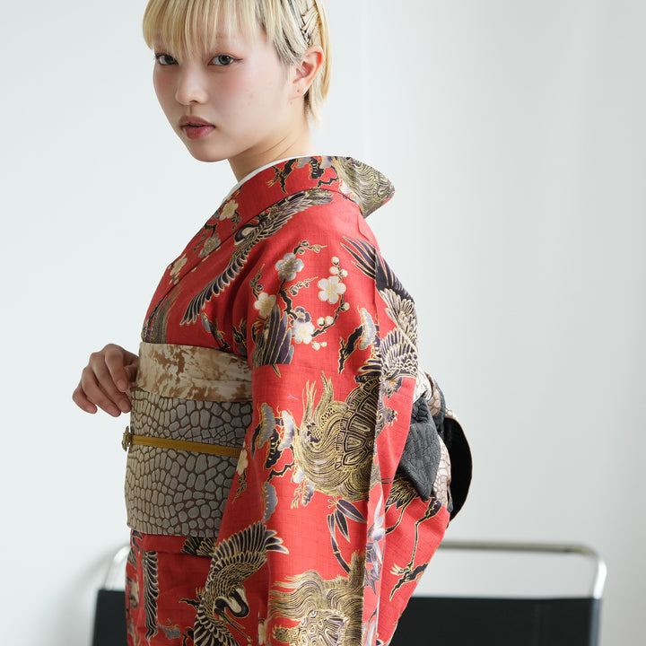 アンティーク個性的着物単品 ニコアンティーク 単衣着物 文学・鶴亀 レッド】 着物 単品 レトロ 鶴