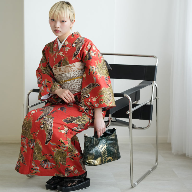 ニコアンティーク 単衣着物 文学・鶴亀 レッド】 着物 単品 レトロ 鶴