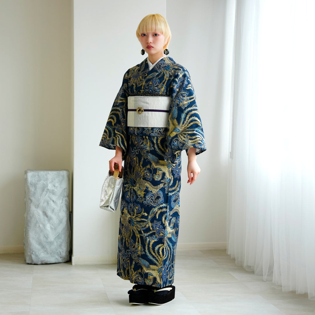 ニコアンティーク 単衣着物 鳳凰 ネイビー】着物 単品 レトロ